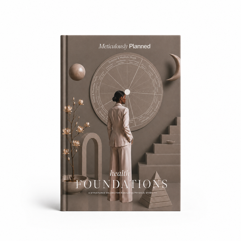 A hardcover book titled 'health foundations' by Meticulously Planned, featuring a minimalist cover design in warm taupe and beige tones with a woman, geometric shapes, and celestial elements.