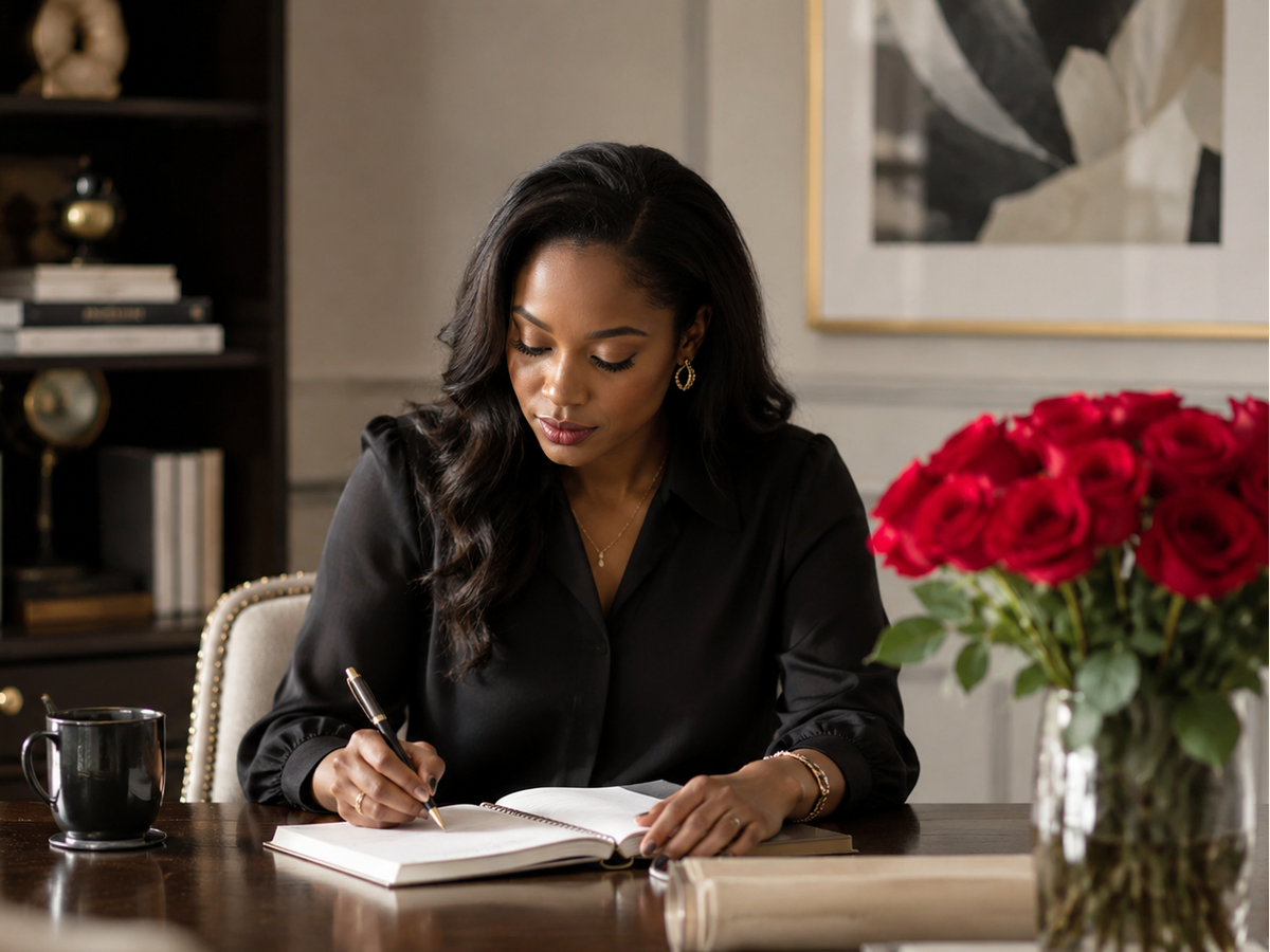 A woman in a black blouse sits at a wooden desk writing in a notebook, with a vase of red roses and a bookshelf in a warmly lit home office setting.