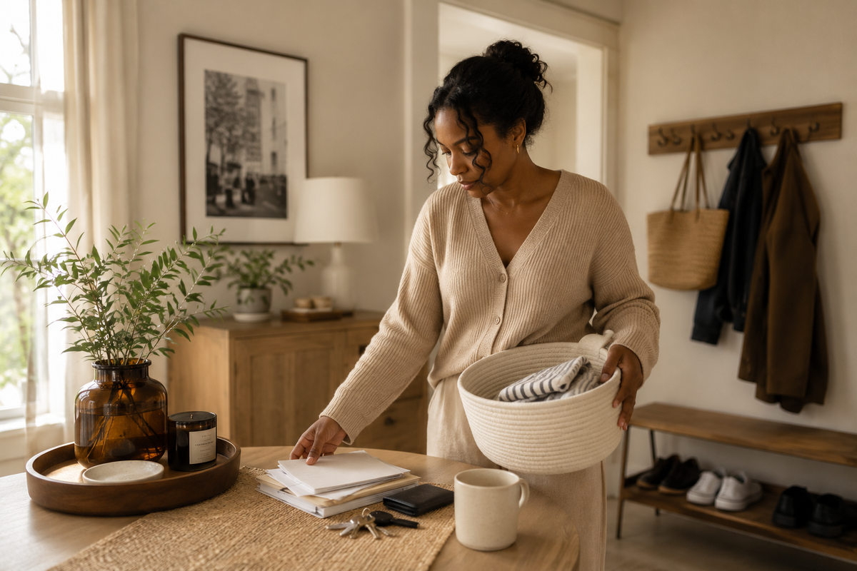 A Black woman gently resetting a calm neutral home space with folded cloths, papers, keys and soft natural light.