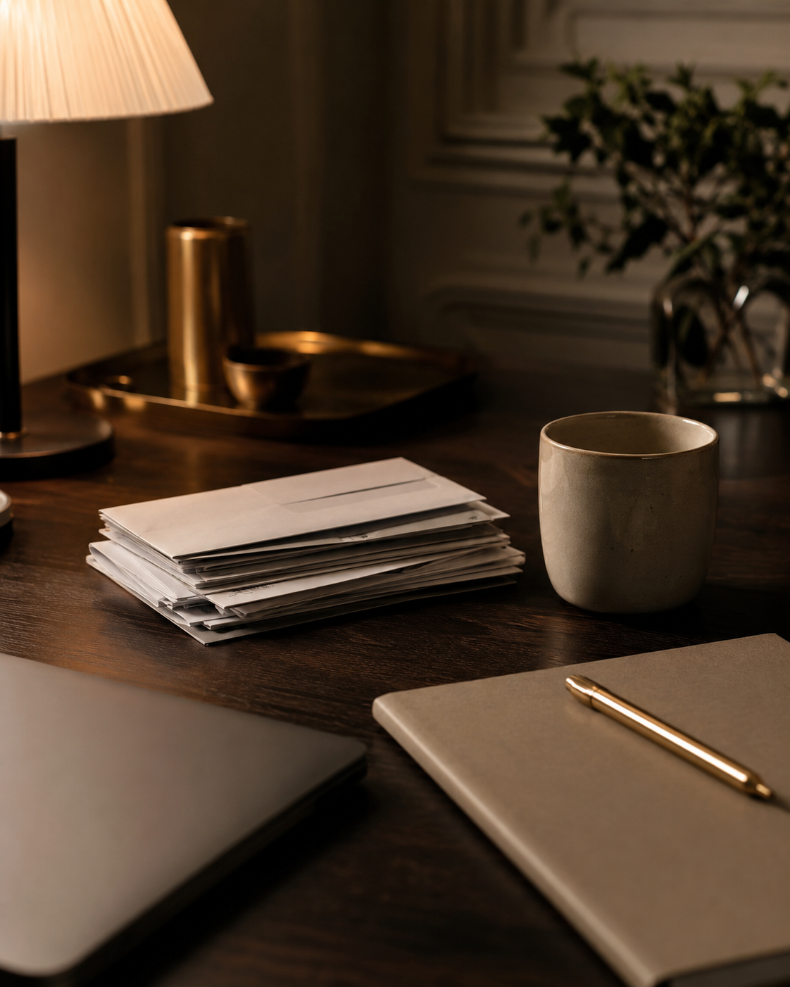 A calm money planning scene with letters, a notebook, a calculator and soft evening light on a wooden table.