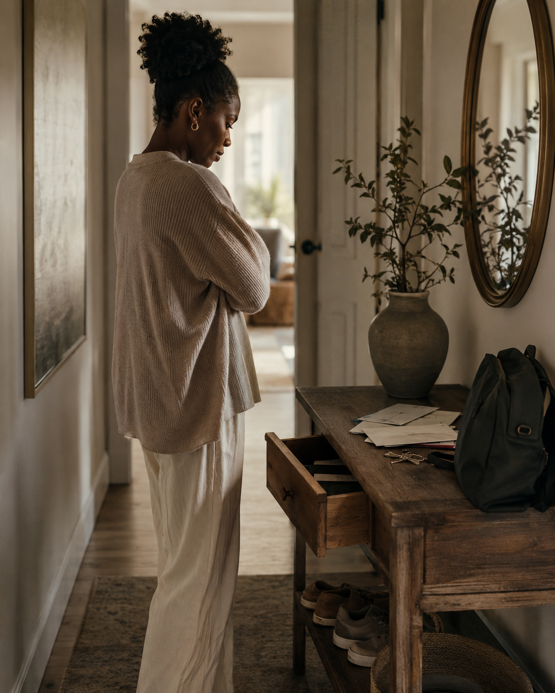 A Black woman standing in a hallway beside a console table with letters, keys, a school bag, shoes and an open drawer.