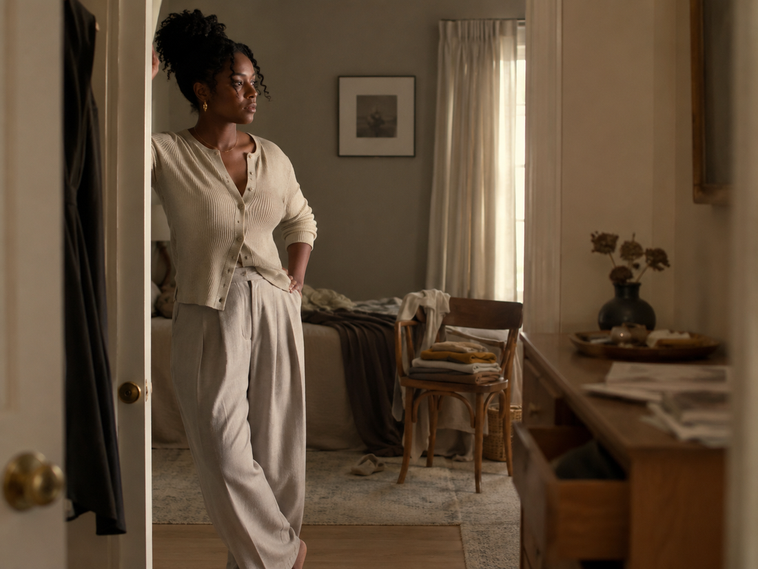 A Black woman standing in the doorway of a calm but lived-in bedroom with folded laundry, papers and soft natural light.
