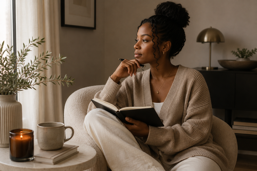 A Black woman sitting in a calm neutral living room with a journal, soft candlelight and warm natural light.