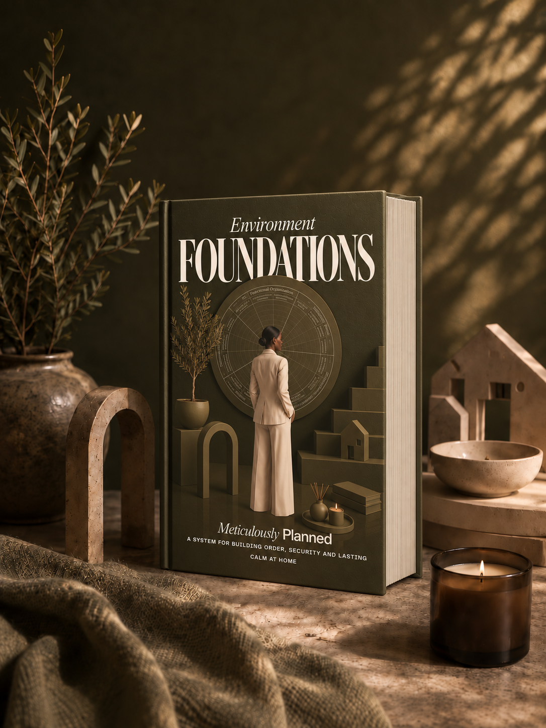 A hardcover book titled "Environment Foundations" stands upright on a rustic surface, surrounded by a candle, dried plant stems in a vase, wooden arch decor, and small house-shaped props in a warm, moody interior setting.