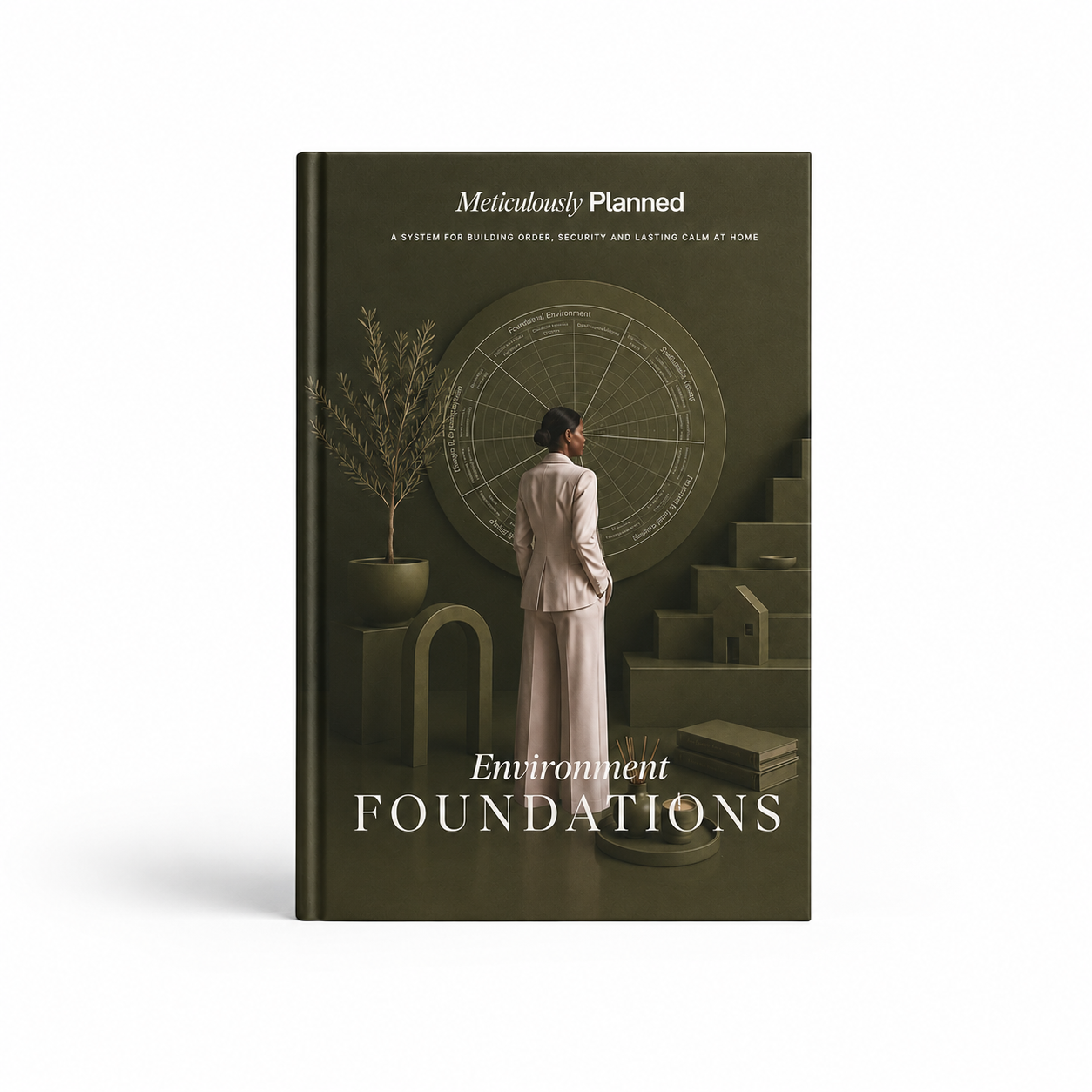 A hardcover book titled 'Environment Foundations' by Meticulously Planned, featuring a dark olive green cover with an illustration of a woman in a light beige suit standing in front of a circular diagram.