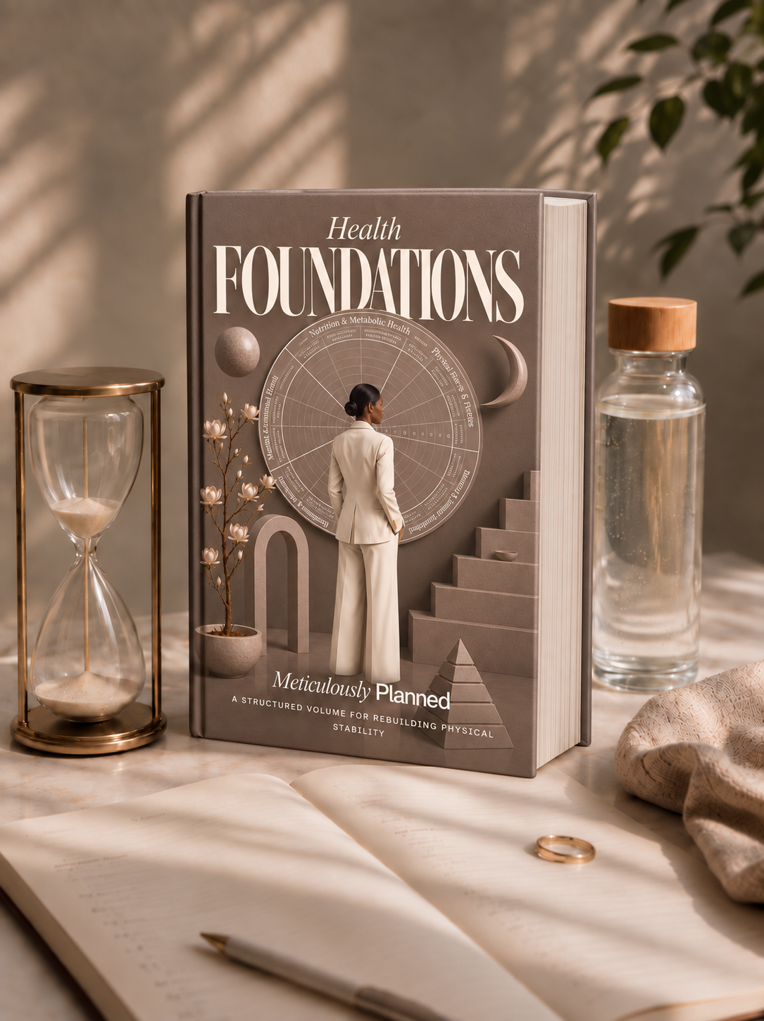 A hardcover book titled "Health Foundations" stands upright on a tabletop surrounded by styled props, including an hourglass, an open notebook with a pen, a glass bottle, and a cloth. The cover is warm taupe/gray with large white title text and an illustration of a person in a white outfit facing stairs and circular architectural elements.
