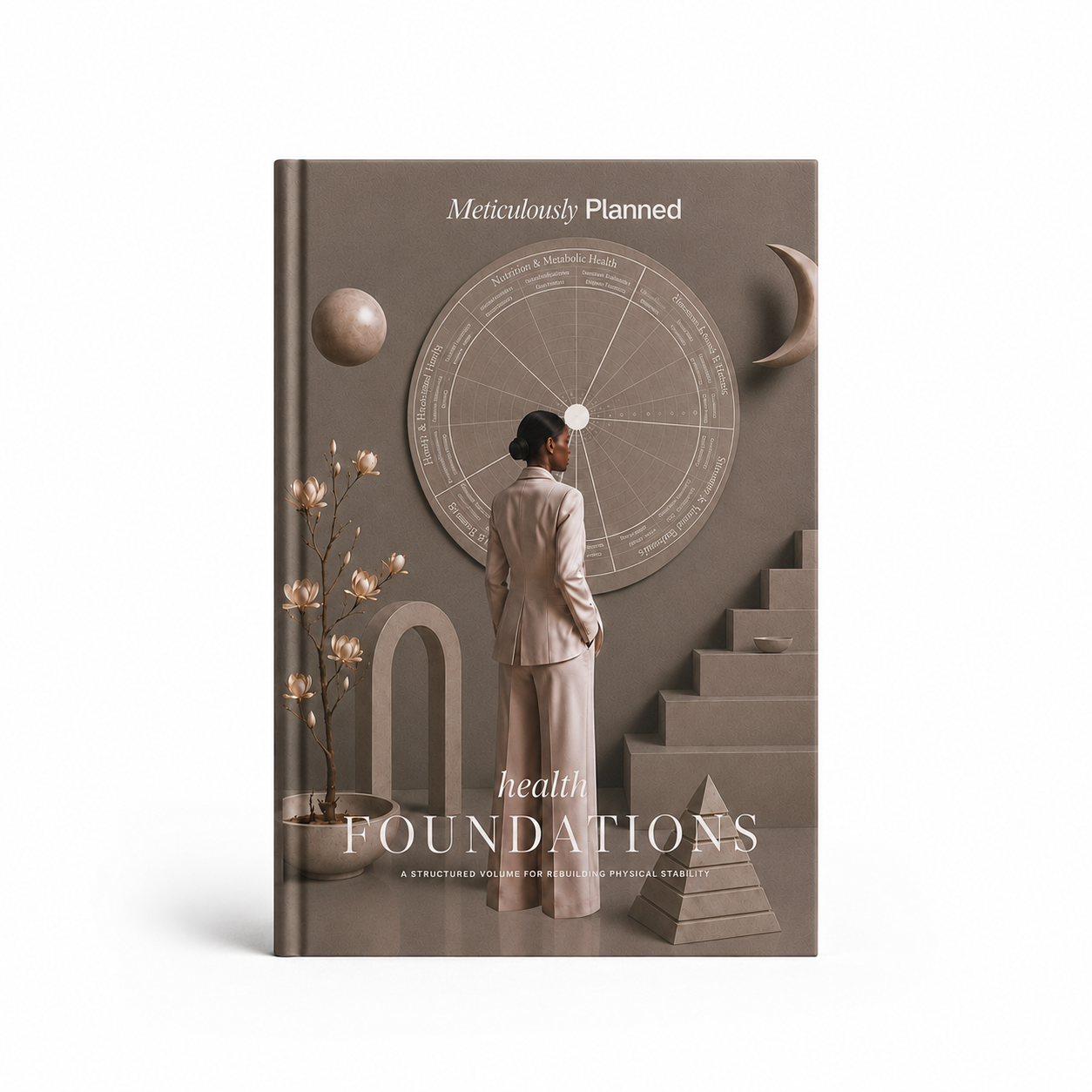 A hardcover book titled 'health foundations' by Meticulously Planned, featuring a minimalist cover design in warm taupe and beige tones with a woman, geometric shapes, and celestial elements.