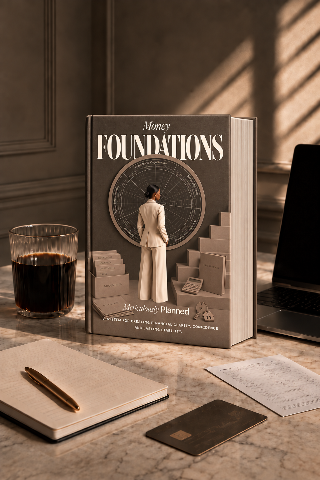 A hardcover book titled 'Money Foundations' stands upright on a marble desk, surrounded by a glass of dark coffee, a notebook with a gold pen, a laptop, and papers. The cover features a sepia-toned illustration of a person in a white suit standing before a circular map and staircase.