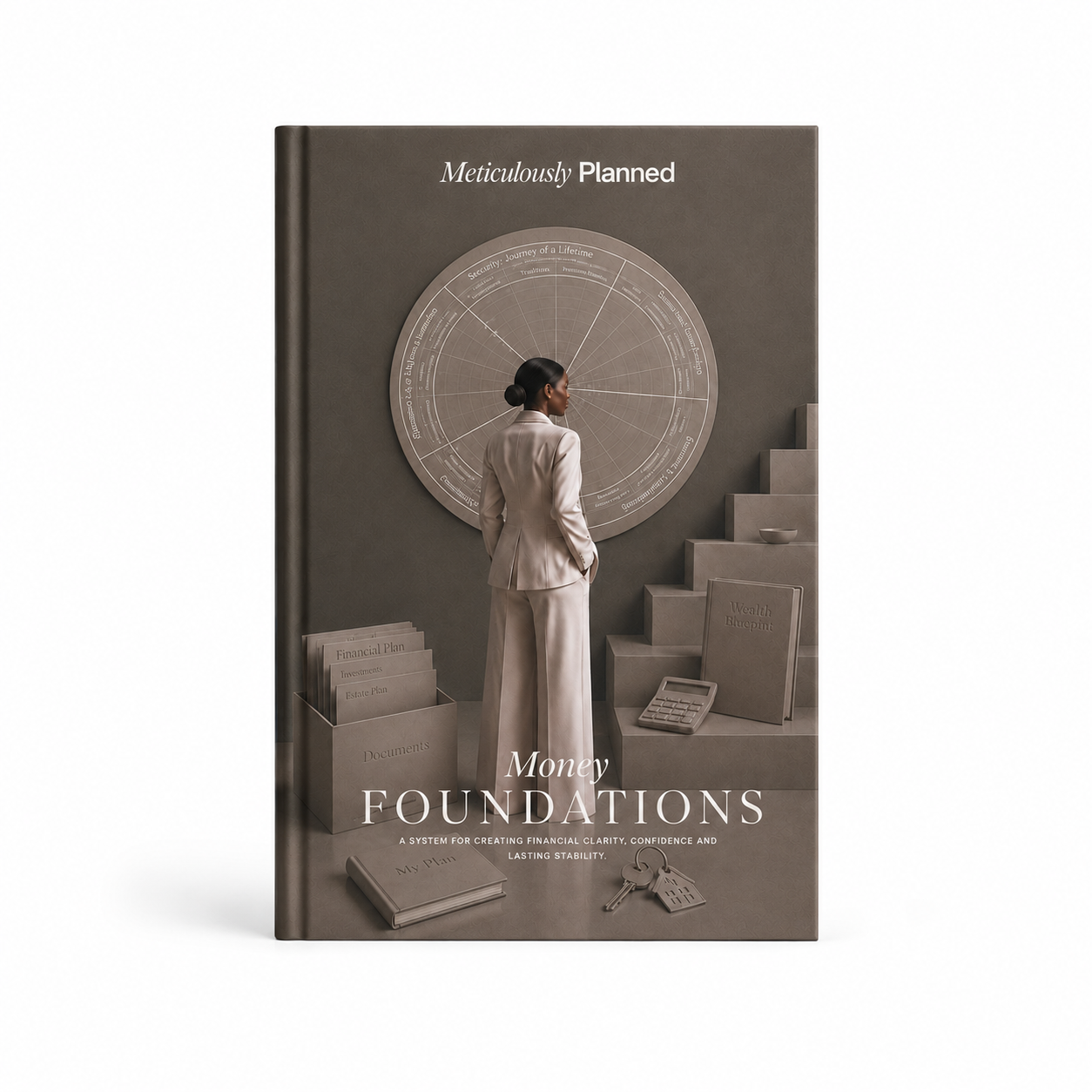 A hardcover book titled 'Money Foundations' by Meticulously Planned, featuring a sepia-toned cover illustration of a woman in a beige suit standing in front of a large circular chart, with books and stairs in the background.