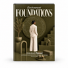 Environment Foundations™ hardcover in olive green, showing a woman in a cream suit facing a wheel diagram beside steps and an olive tree