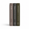 Spines of the three Foundations™ hardcovers, Health, Money and Environment, in taupe, charcoal and olive