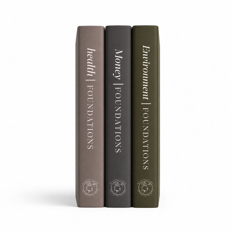 Spines of the three Foundations™ hardcovers, Health, Money and Environment, in taupe, charcoal and olive