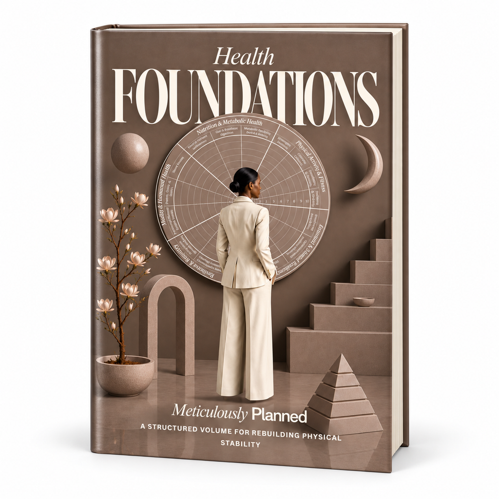 Health Foundations™ hardcover at an angle, showing the taupe illustrated cover and page edges