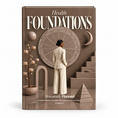 Health Foundations™ hardcover in taupe, showing a woman in a cream suit facing a wheel diagram beside steps and magnolia