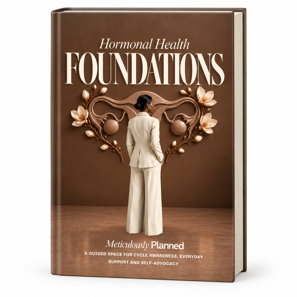 Hormonal Health™ hardcover at an angle, showing the brown illustrated cover and page edges