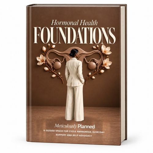 Hormonal Health™ hardcover at an angle, showing the brown illustrated cover and page edges