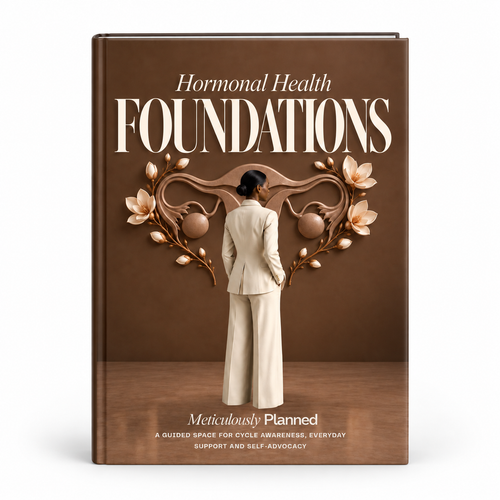 Hormonal Health™ hardcover in warm brown, showing a woman in a cream suit facing a sculpted floral womb motif