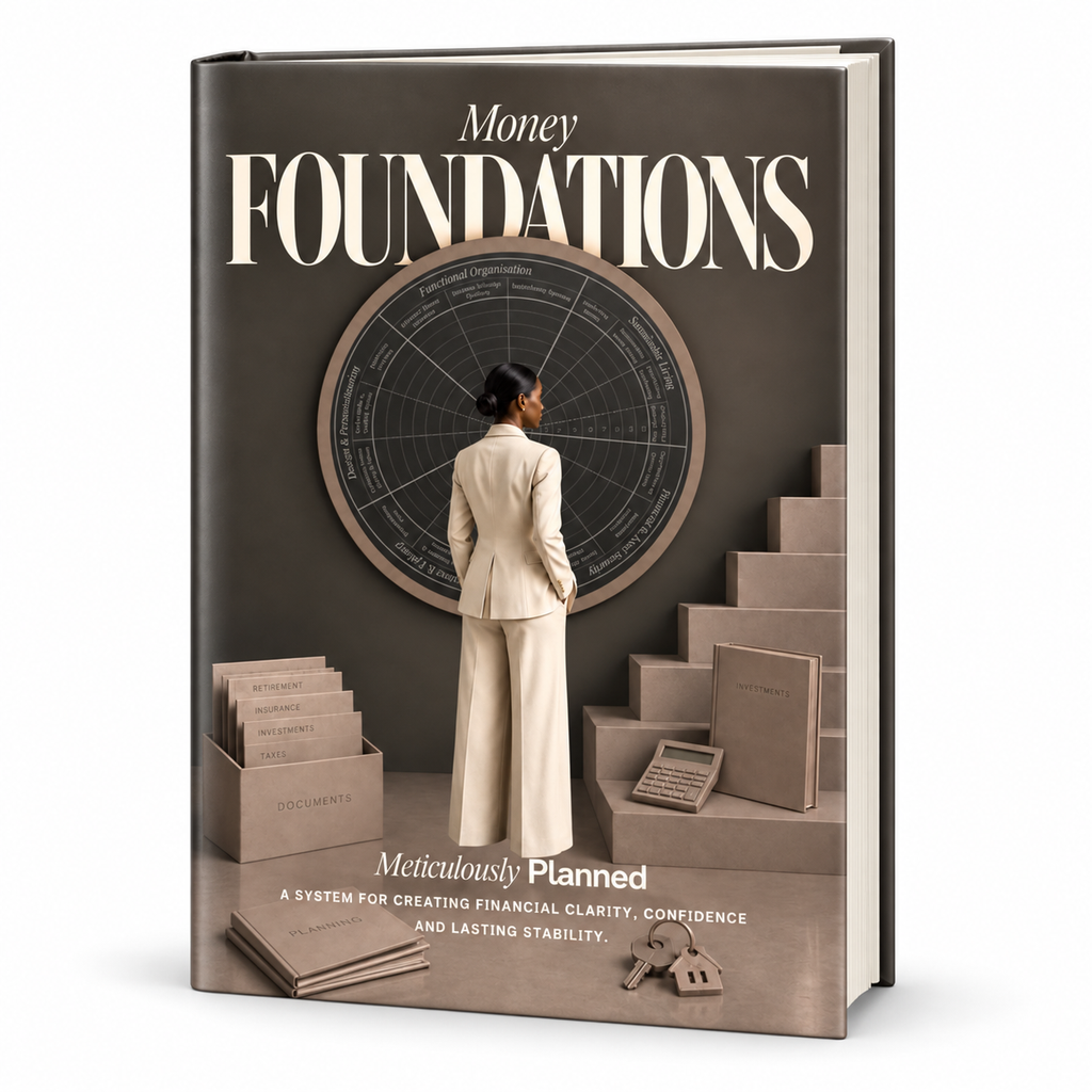 Money Foundations™ hardcover at an angle, showing the charcoal illustrated cover and page edges