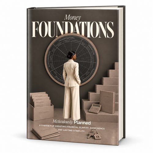 Money Foundations™ hardcover at an angle, showing the charcoal illustrated cover and page edges