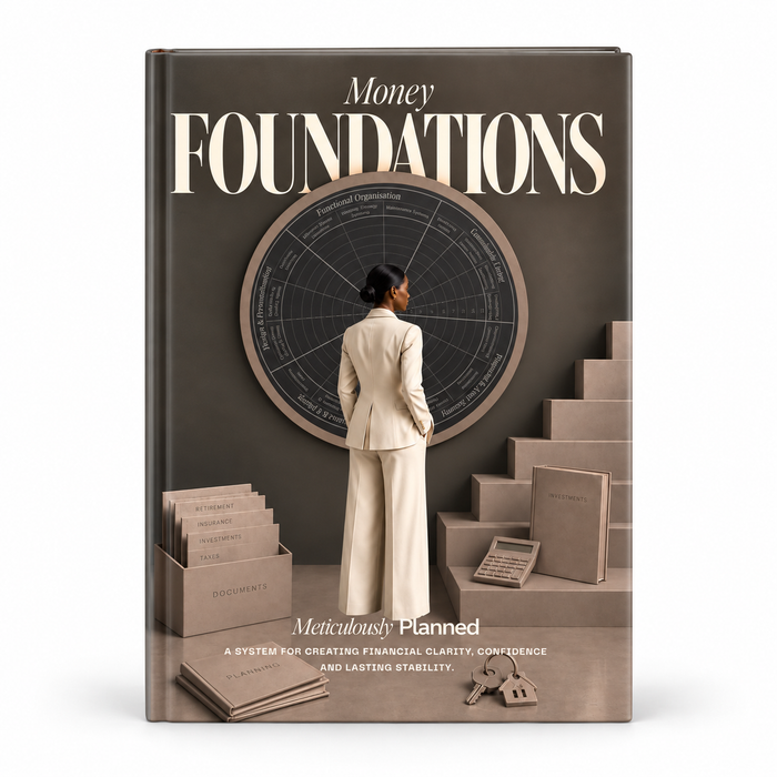 Money Foundations™ hardcover in charcoal, showing a woman in a cream suit facing a wheel diagram beside steps and file boxes